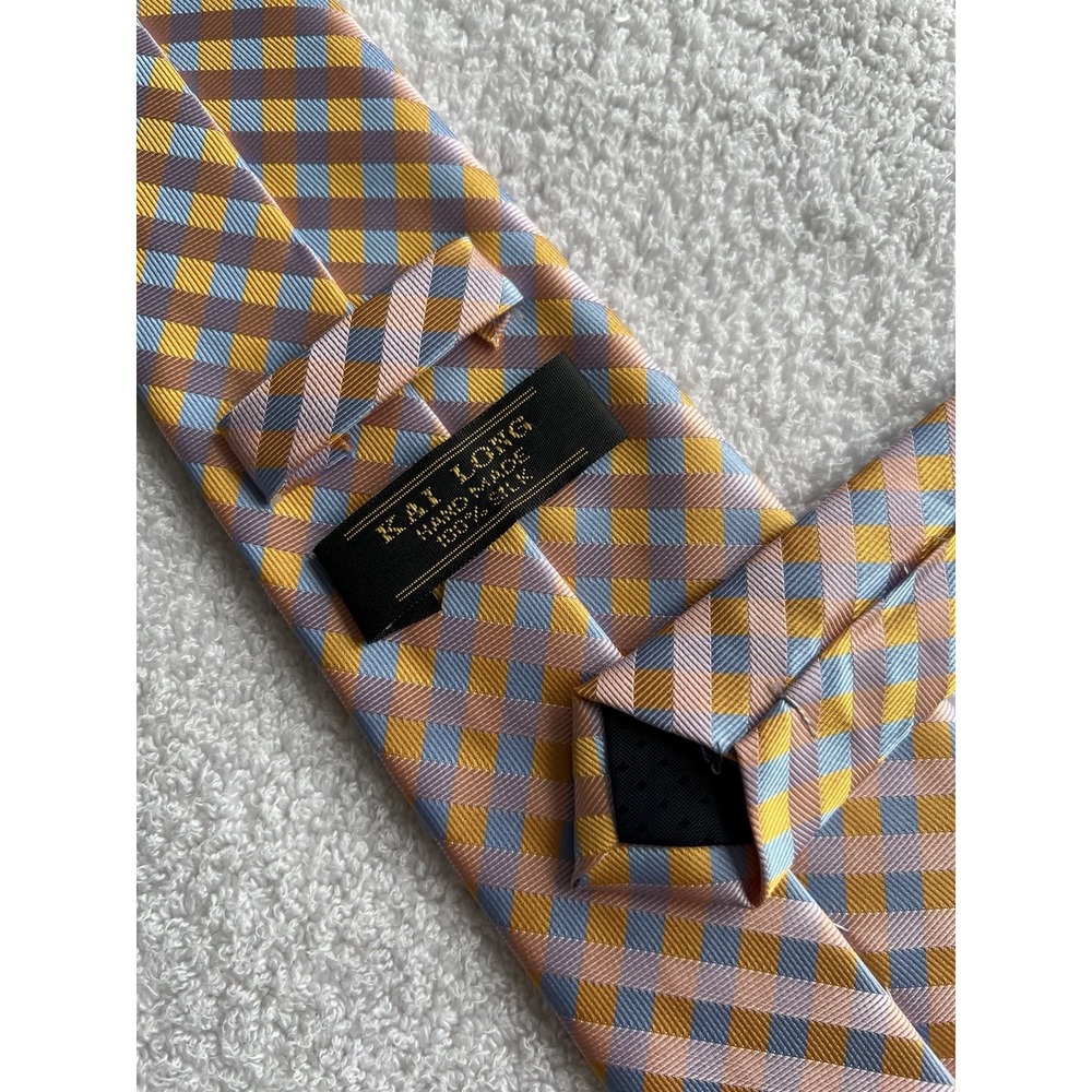 Kai Long	Pink Yellow Blue Stripes Check Woven Jacquard 100% Silk Tie Necktie